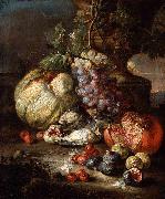 RUOPPOLO, Giovanni Battista Still Life with Fruit and Dead Birds in a Landscape painting